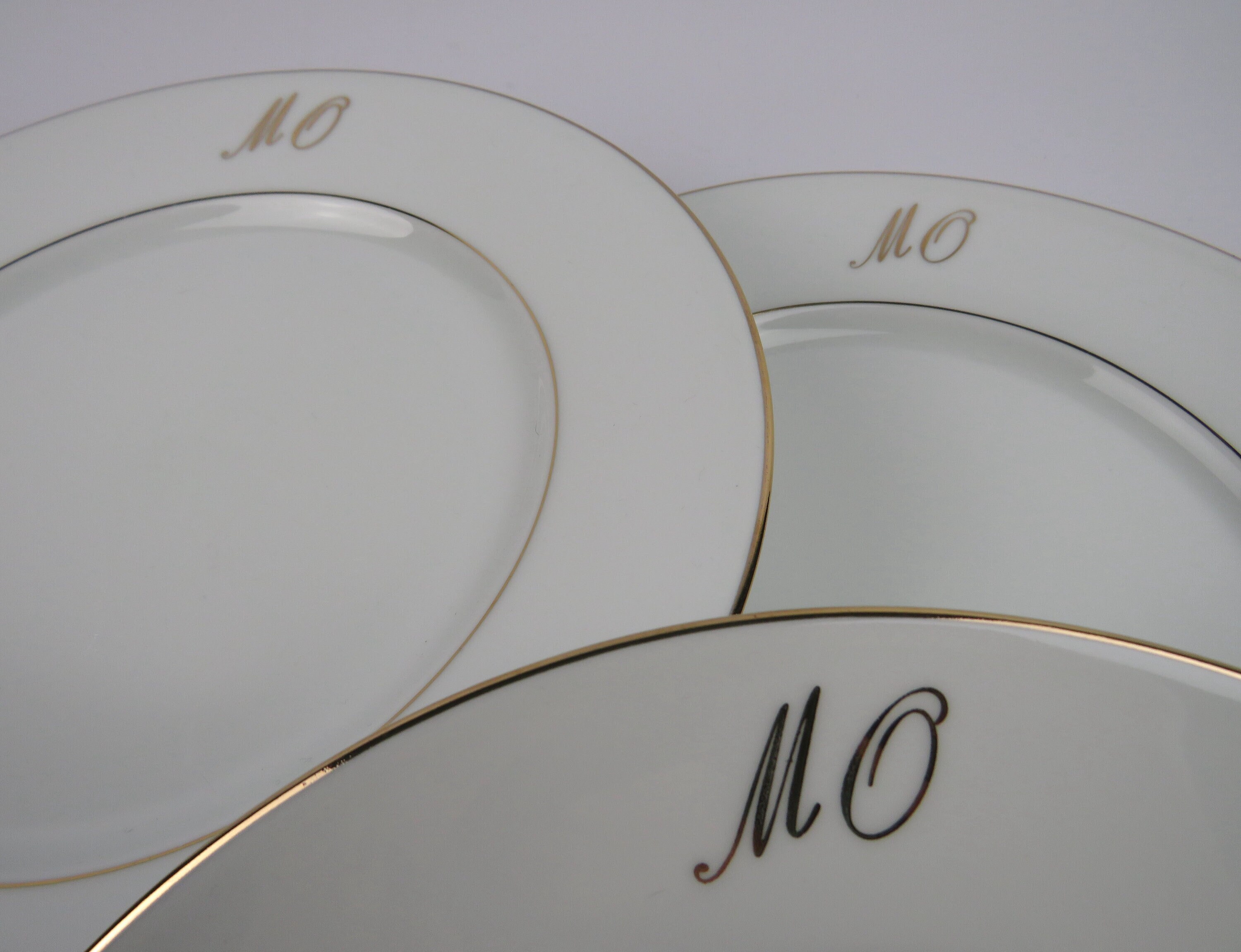 Assiettes à Dîner Monogramme Mo Porcelaine de Limoges L'or Blanc, 6 Assiettes Plates Monogrammées Do