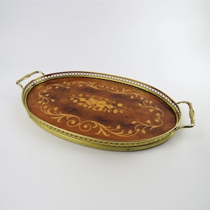 Vintage Italian brass and formica tray, 1950s decorative tray, Oval tray with retro floral design, Hollywood Regency serving tray