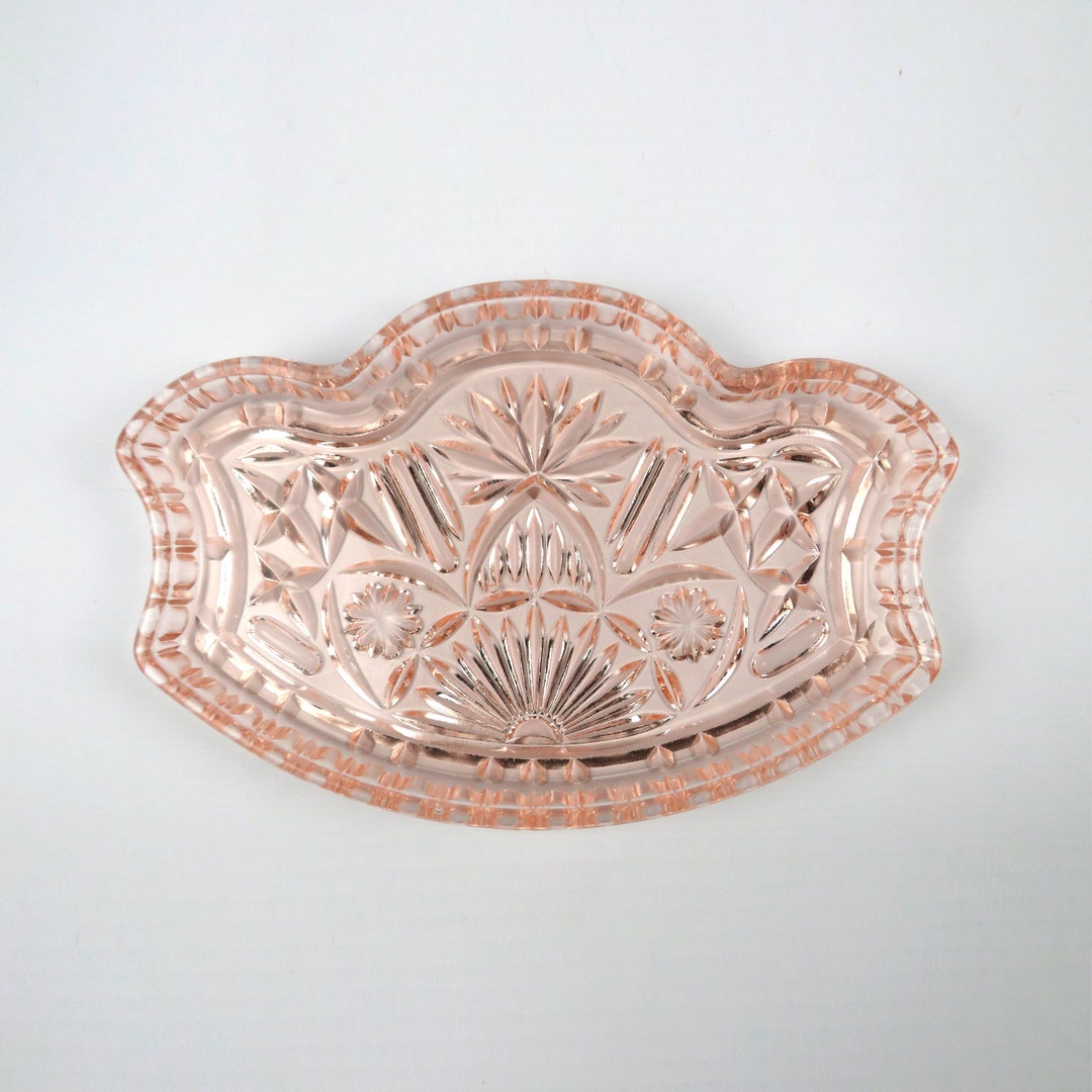 French Artdeco Pink Glass Serving Tray, Blush Glassware Vanity Tray