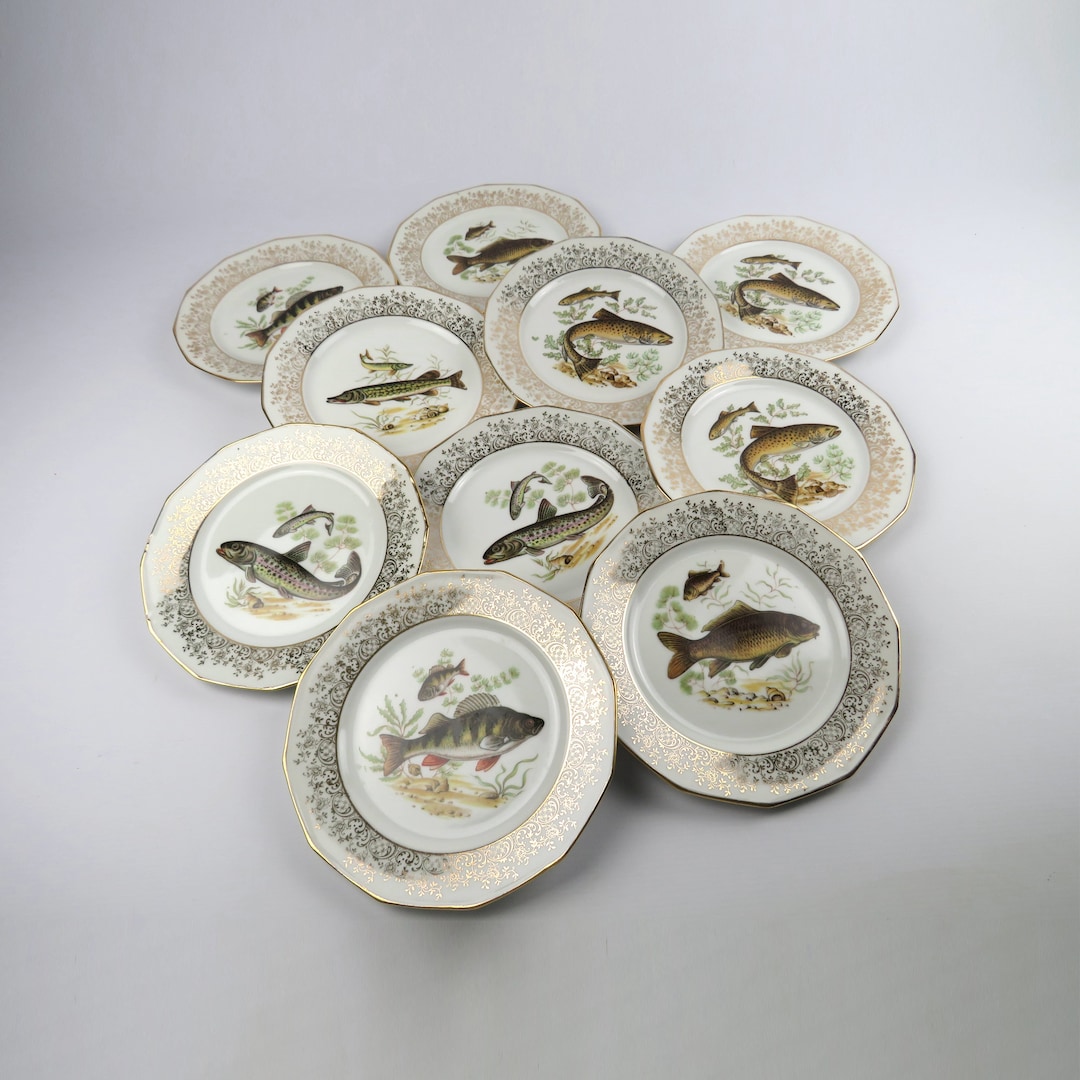 Limoges Porcelain Fish Plate Set, 10 French Fish Plates, Fish Dinner