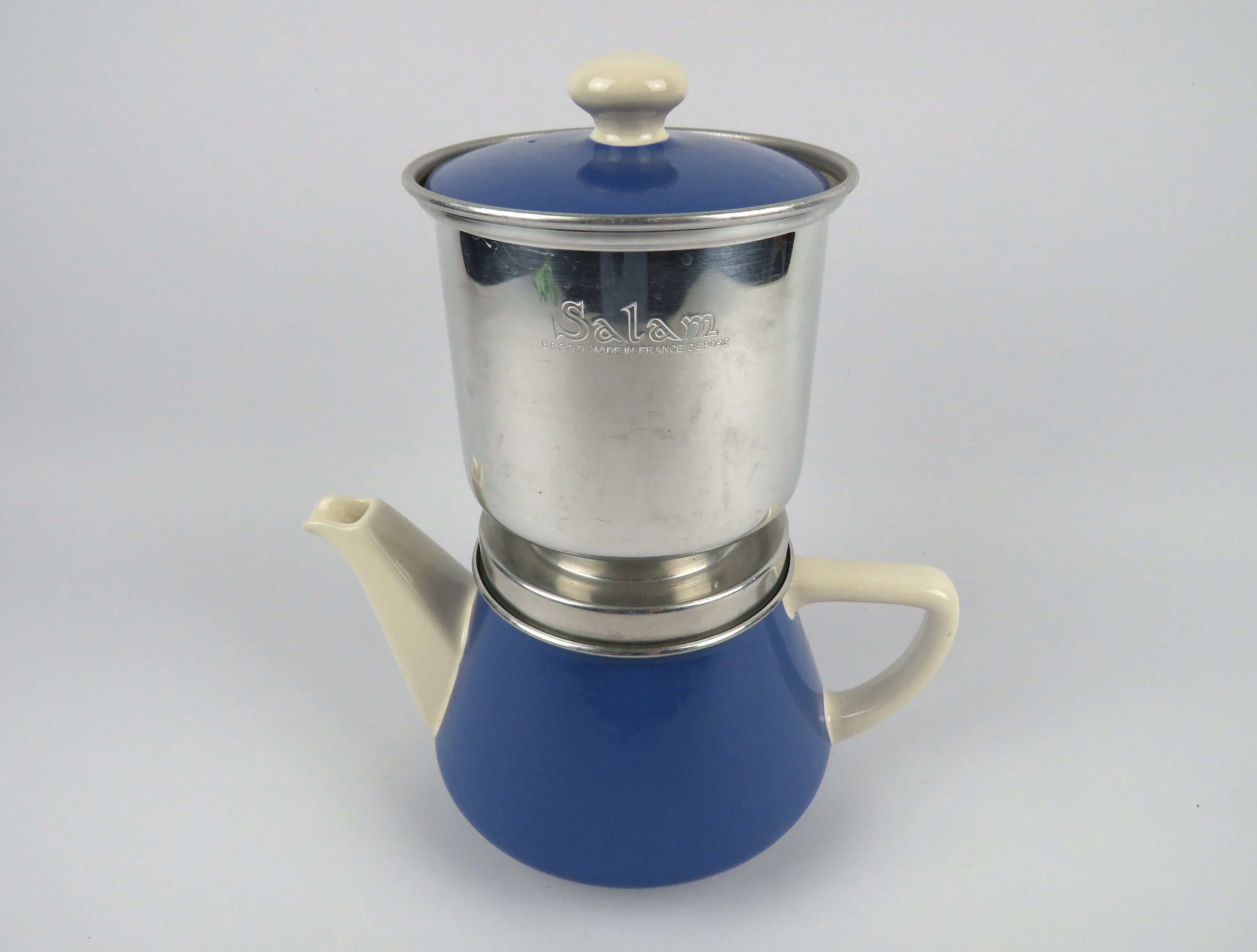 Cafetière Villeroy Boch Salam Vintage, Théière Bleue et Blanche en Terre de Fer, France Années 50, C