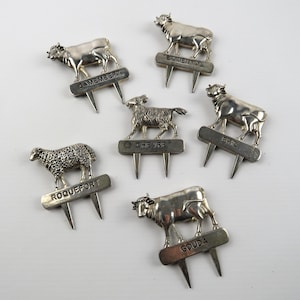 Set of 6 vintage silver-plated cheese picks, decorative cheese platter labels, animal-shaped cheese markers