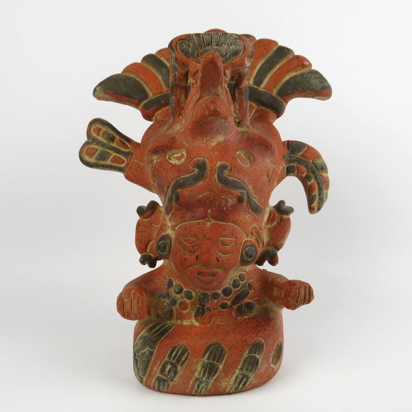 ÉNORME statue Maya Aztèque en terre cuite, Sculpture mexicaine de guerrier à plumes, Réplique vintage de dieu primitif précolombien, Tribal