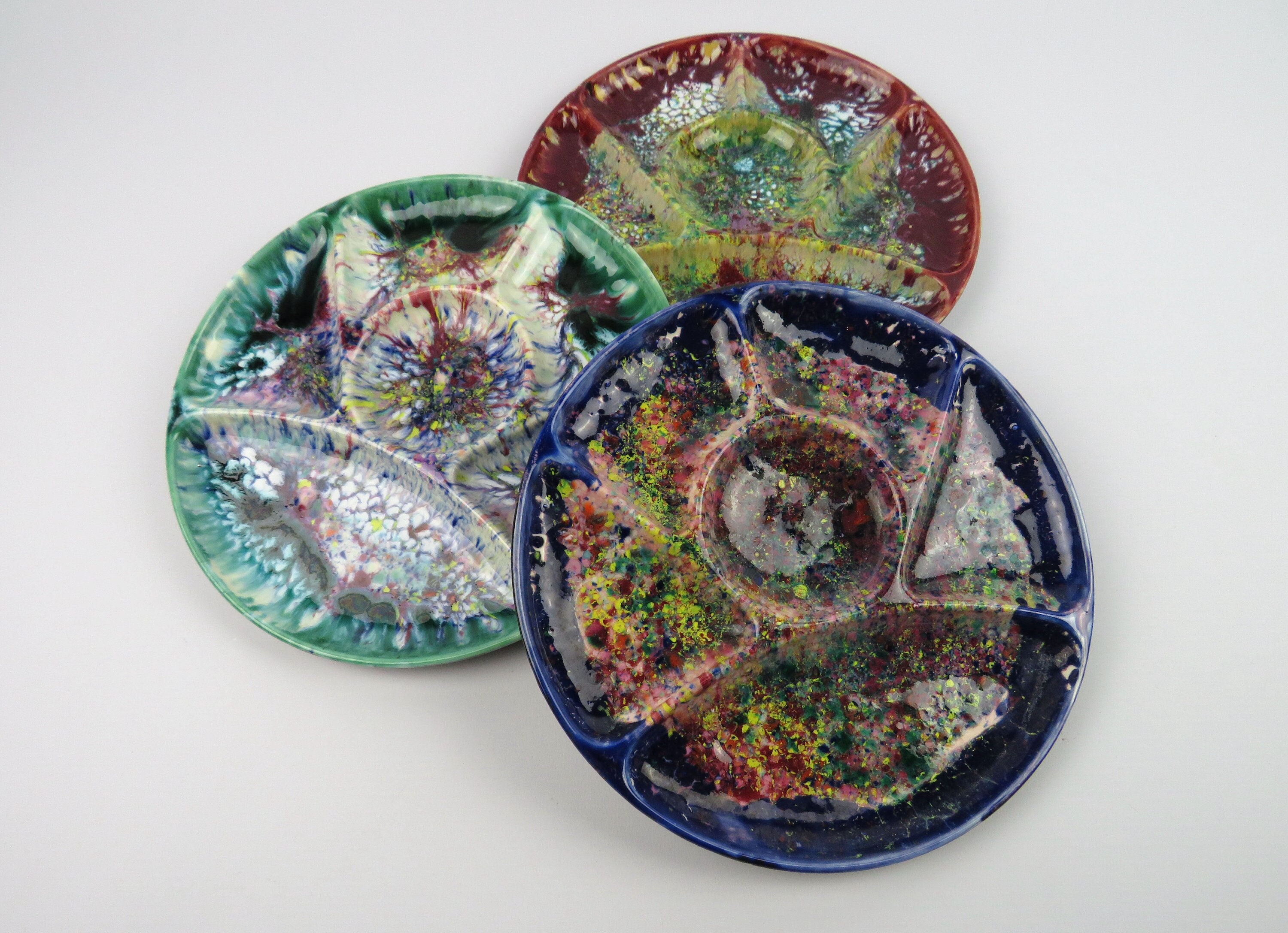 3 Assiettes en Grès Du Morvan Gaston Gaubier, Assiettes à Fondue Style Pointilliste Fat Lava, Compar