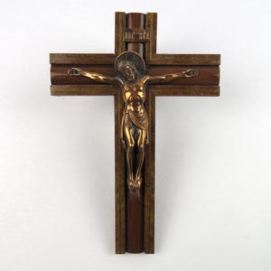 Wood and copper wall crucifix, Vintage catholic cross, Rustic french crucifix, Religious wall decor, Jesus on the cross, Devotional art