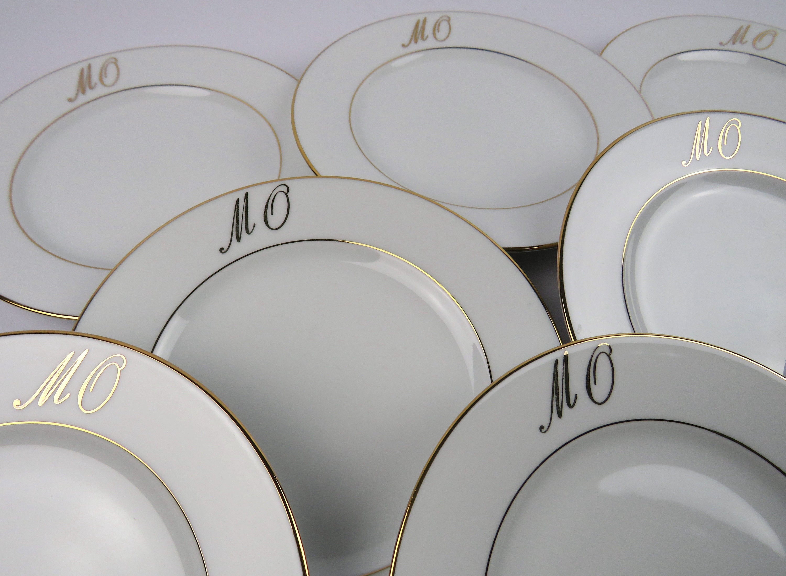 Assiettes à Dessert Monogramme Mo Porcelaine de Limoges L'or Blanc, 8 Assiettes Monogrammée Doré Or 