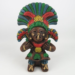 Large Mexican terracotta statue, hand-painted Aztec sculpture of a pre-Columbian warrior, colorful ethnic decor