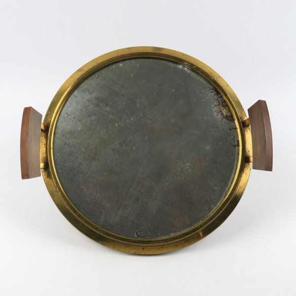 Plateau miroir Art-déco, Plateau rond vintage en laiton doré, Plateau doré avec miroir, Plateau décoratif années 30,Plateau de service rétro