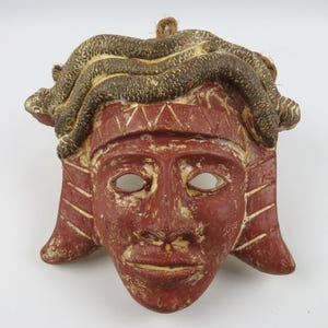 Vintage Mexican terracotta wall mask, clay wall mask with sculpted Medusa head, snake-man wall mask, folk craftsmanship from Guerrero