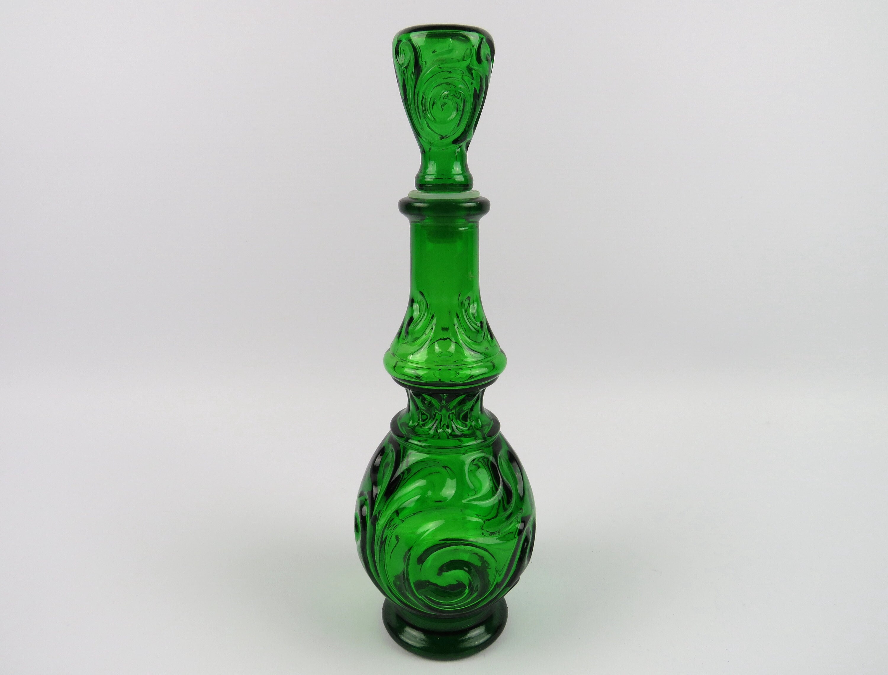 Petite Bouteille de Génie Italienne Style Empoli Verre Vert Décor Baroque, Carafe à Décanter Texturé