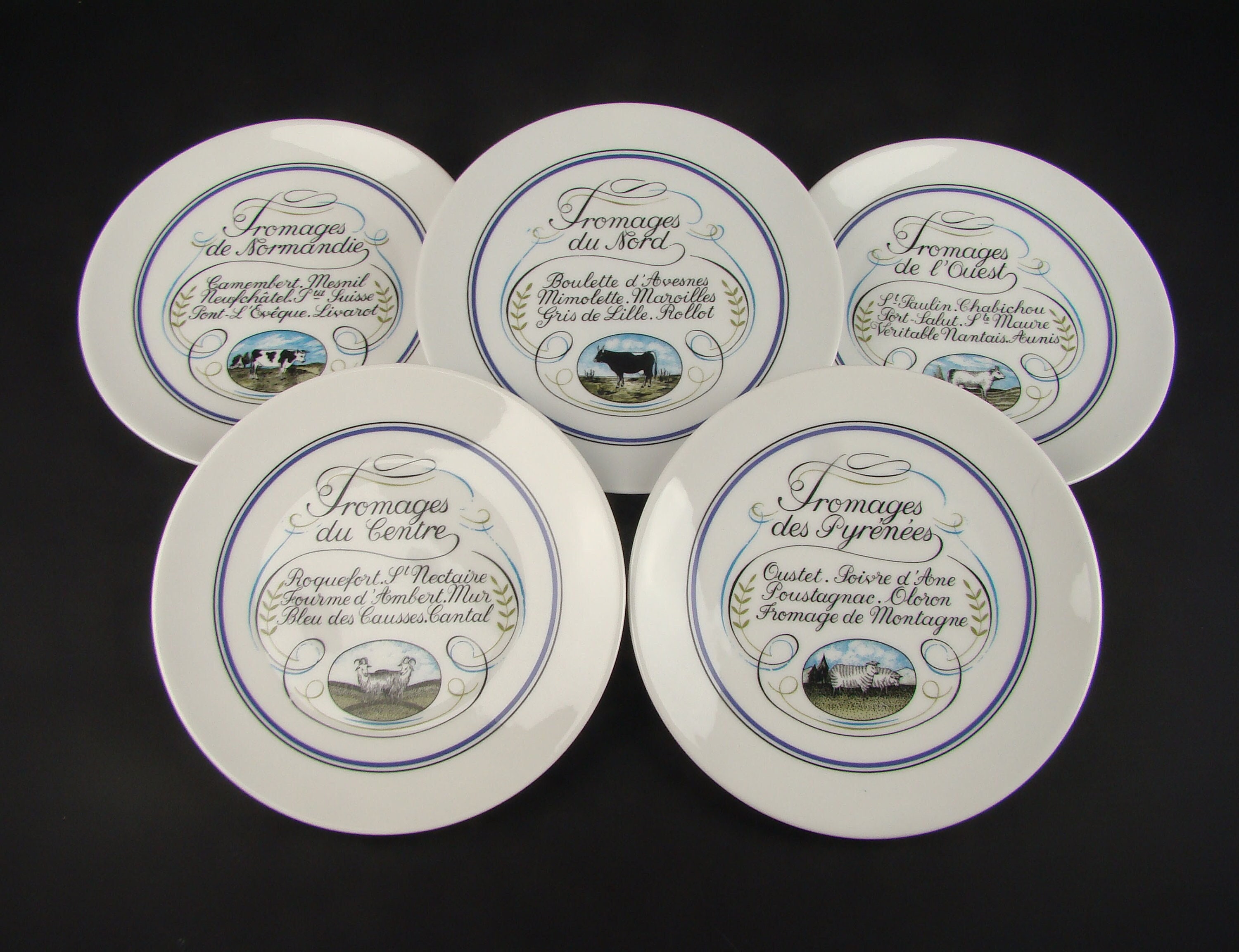 Assiettes à Fromage en Porcelaine d'auteuil, 5 Assiettes Fromages Françaises, Fromages Régionaux, Ja