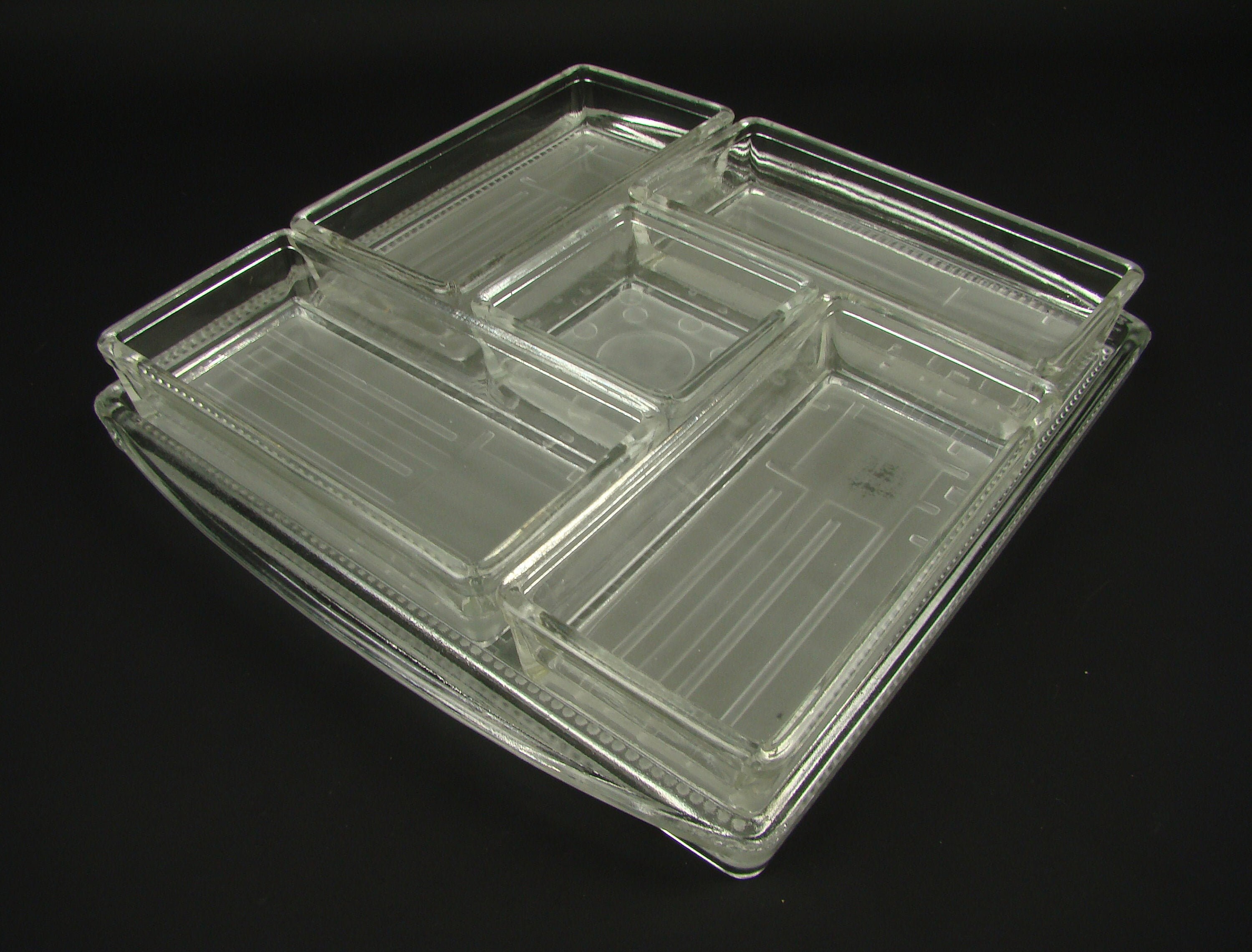 Plateau Art-Déco en Verre Moulé, Plateau Apéritif Vintage 1930, Moderniste 5 Raviers, Présentation C