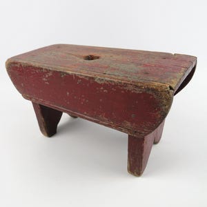 Primitive mini bench in painted wood, rustic French footstool XIXth century, red/blue patina, rural stool, raw finish