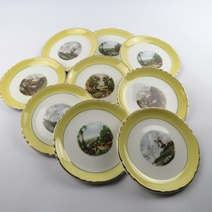 Vintage Moulin des Loups Dessert Plates, Scenic Pastoral Motifs, Pastel Yellow French Earthenware, 1950s