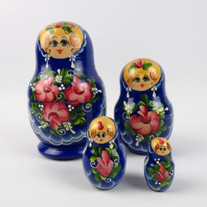 Blue nesting dolls, hand-painted Russian Matryoshkas, stacked wooden dolls, folk art dolls