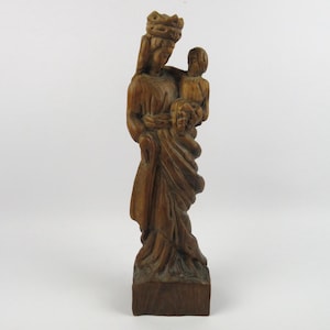 Hand-Carved Wooden Madonna and Child, Solid Wood Antique Religious Statue, Devotional sculpture, Spiritual Home Decor