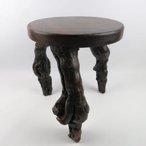 May include: A dark brown wooden stool with a circular seat and three legs. The legs are carved to resemble twisted tree roots. The stool has a rustic appearance and is likely made of wood.