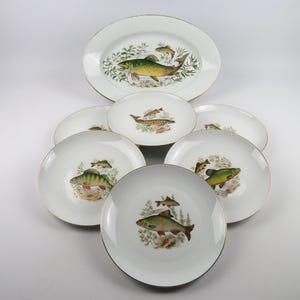Limoges Ternet porcelain fish service, large oval fish platter, vintage river fish plates, festive French tableware