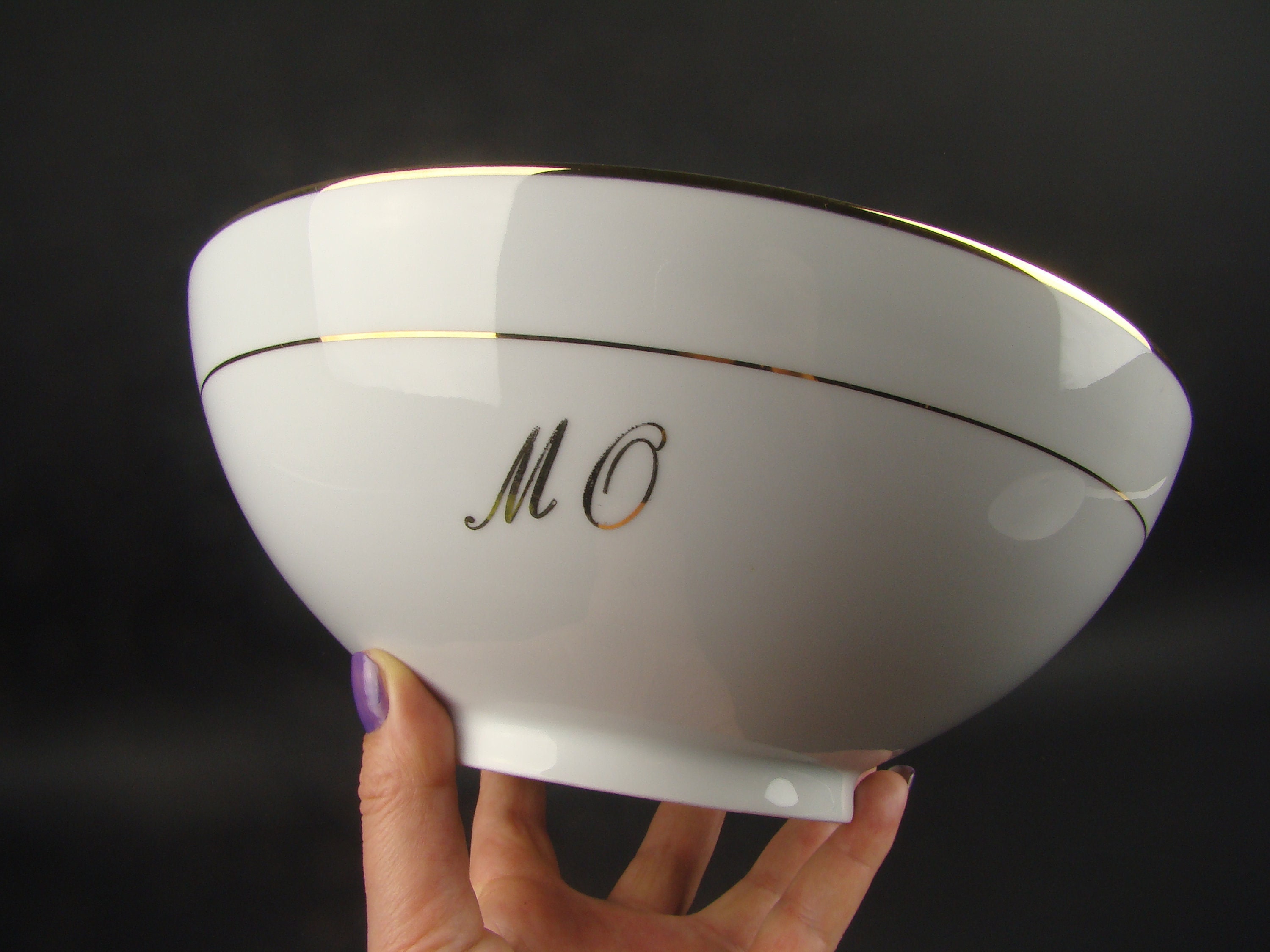 Saladier Monogrammé Mo en Porcelaine de Limoges L'or Blanc, Plat Service Rond Légumier Monogramme Do