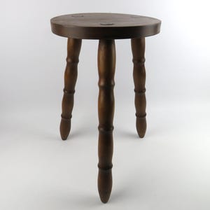 Wooden tripod stool, French farmhouse three legged stool, Dark wood half-moon stool, Small wooden furniture, Wooden plant stand