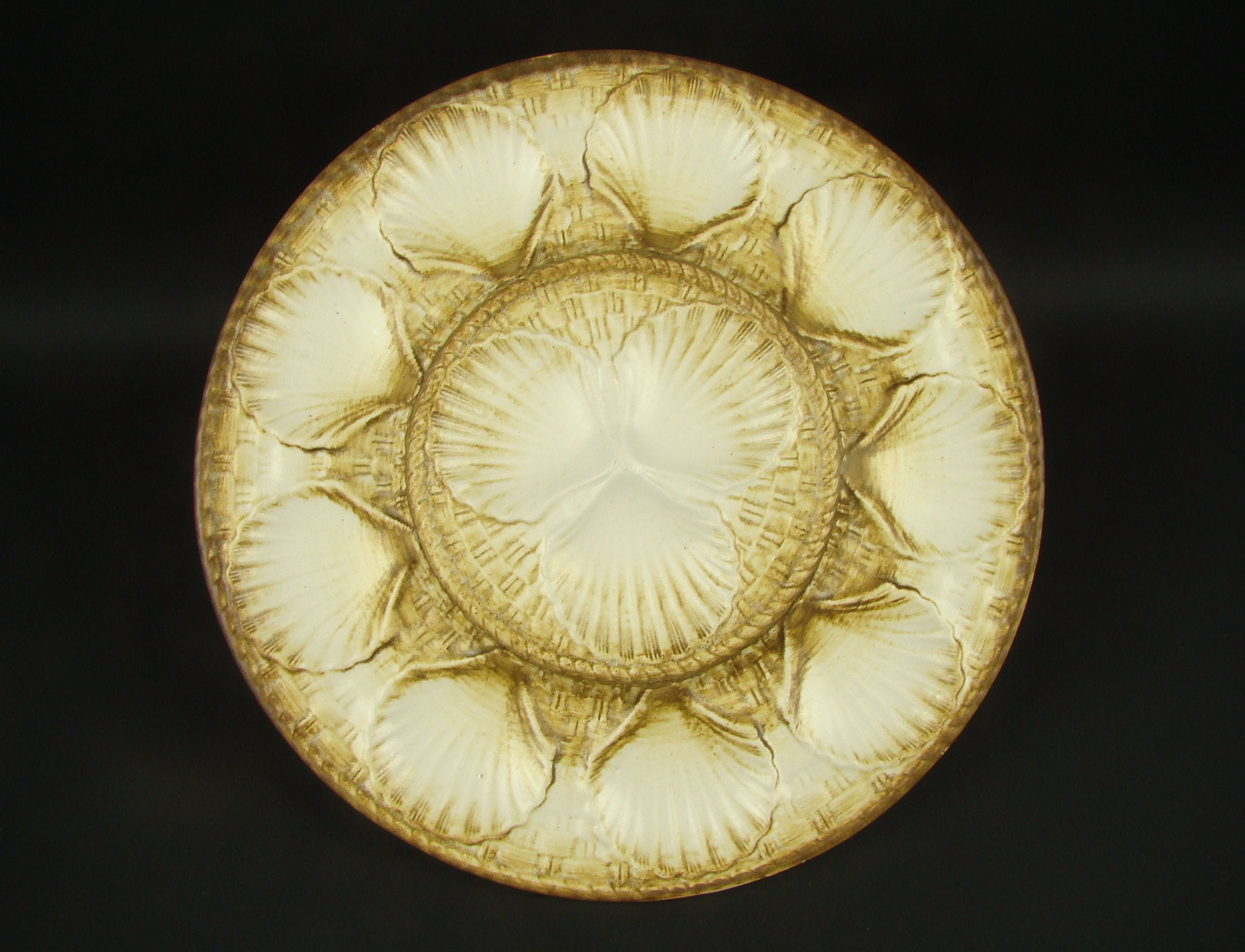 Plat à Huîtres Longchamp Xxl, Plateau Fruits de Mer en Barbotine Beige, Service Vintage Français 196