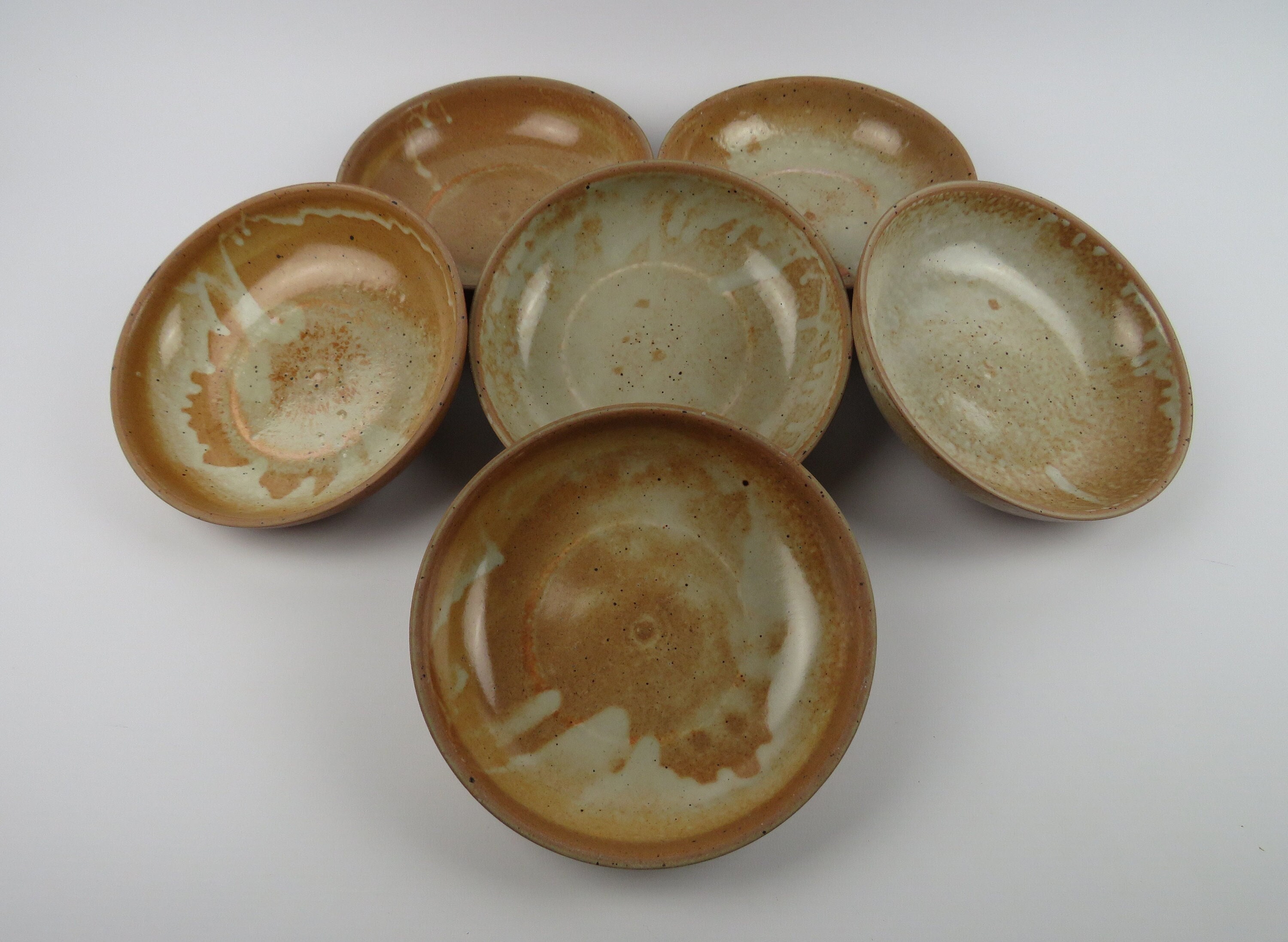 6 Assiettes Artisanales en Grès Pyrité, Assiettes de Potier Vintage 1960, Creuses Rustiques Fait Mai