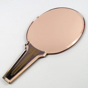 Miroir à main vintage Art-déco en verre rose biseauté, Miroir ancien en verre teinté, Accessoire de toilette rétro