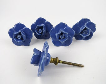 Vintage drawer knobs blue rose flowers, Blue ceramic flower knobs, Porcelain blue roses dresser pulls, Shabby chic furniture knobs