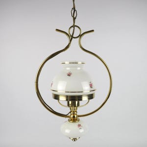Floral opaline pendant light, Gilt brass & white milkglass light with rosebuds decor shades, Shabby chic pendant lamp, Romantic lighting