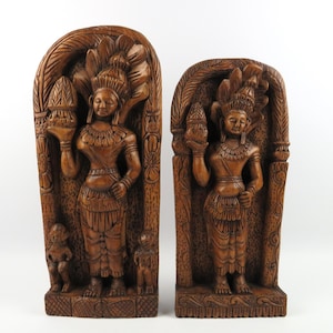 Pair of oriental wood carvings, Hand-carved Hindu wooden panels, Southeast Asian bas-reliefs, Oriental spirituality
