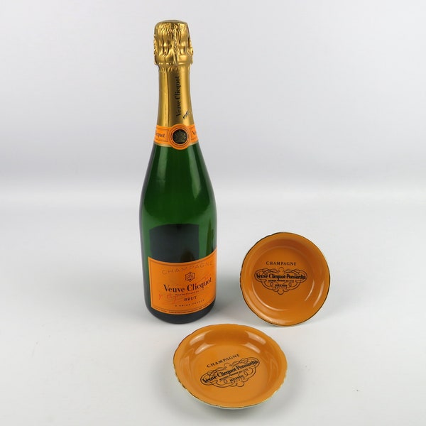 Veuve Clicquot Ponsardin Champagne  coasters set of 2, VCP Moulin des Loups orange ashtrays, Champagne bottle saucers, Clicquot signer coins