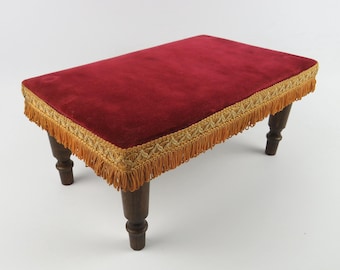 French antique velvet footrest - Upholstered footstool, Carved wood mini-bench