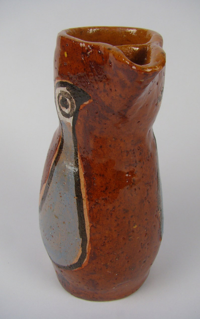 Pottery Art French Ceramics collection ancient carafe Terracotta pitcher enamelled bird d\u00e9cor Hand-painted Na\u00eff Rustique