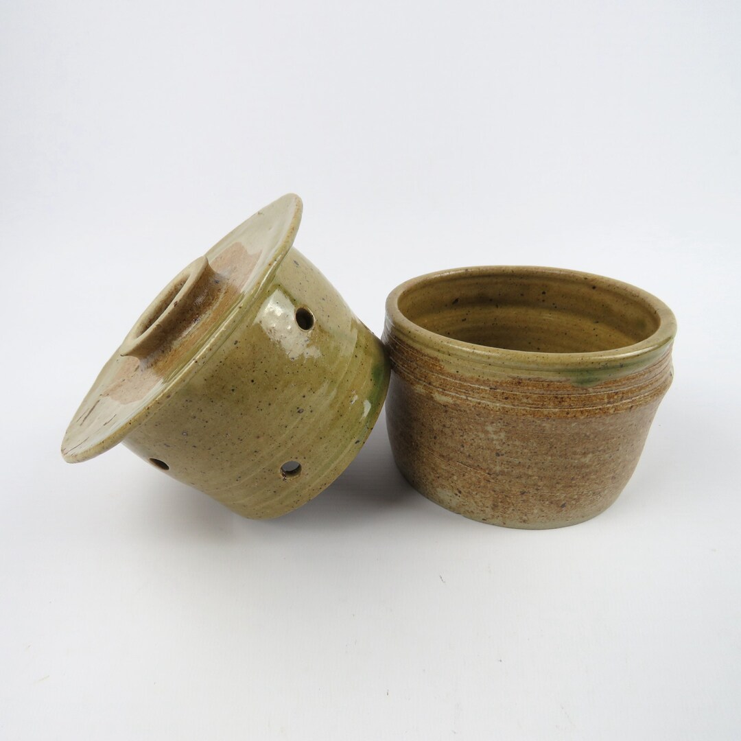 French Butter Keeper, Handpainted Stoneware Butter Dish, Sandstone