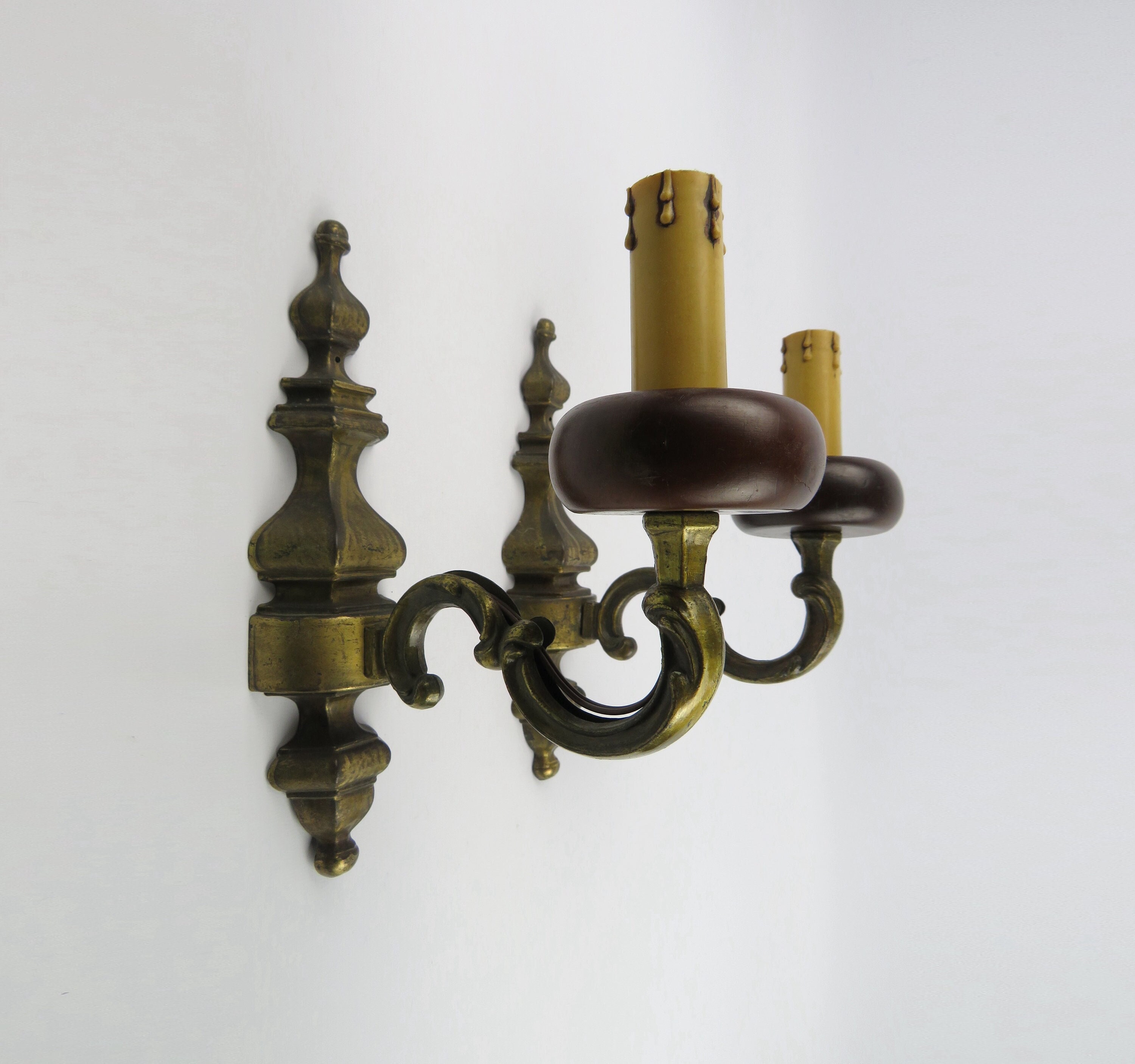 Paire d'appliques Murales en Laiton Bronze et Bois, Appliques Une Bougie Style Empire, Lampes Métal