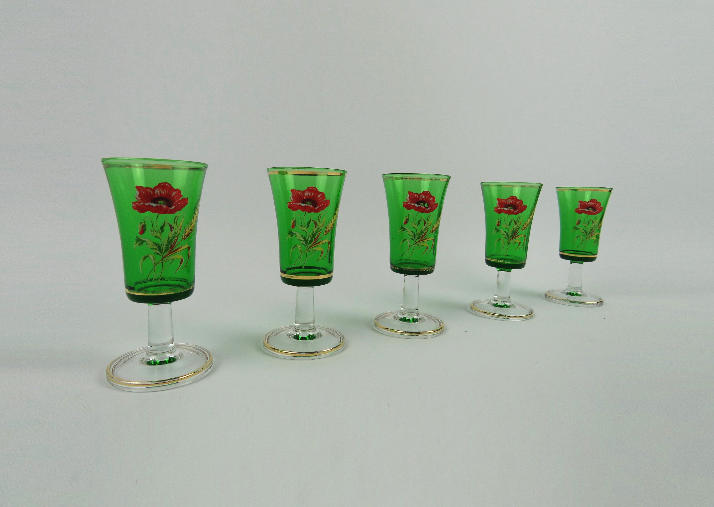 5 Verres à Digestif Peints La Main, Verres Liqueur Anciens en Verre Vert, Pied Décor Cadeau de Maria