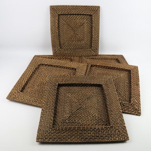 Rattan charger plates, Vintage placemats, Square plate holders, Woven cane place settings, Wicker table accessories, Country table setting