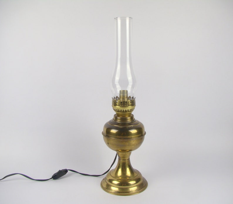 Large Electrified Oil Lamp Old Brass French Vintage Early Eme Brocante
