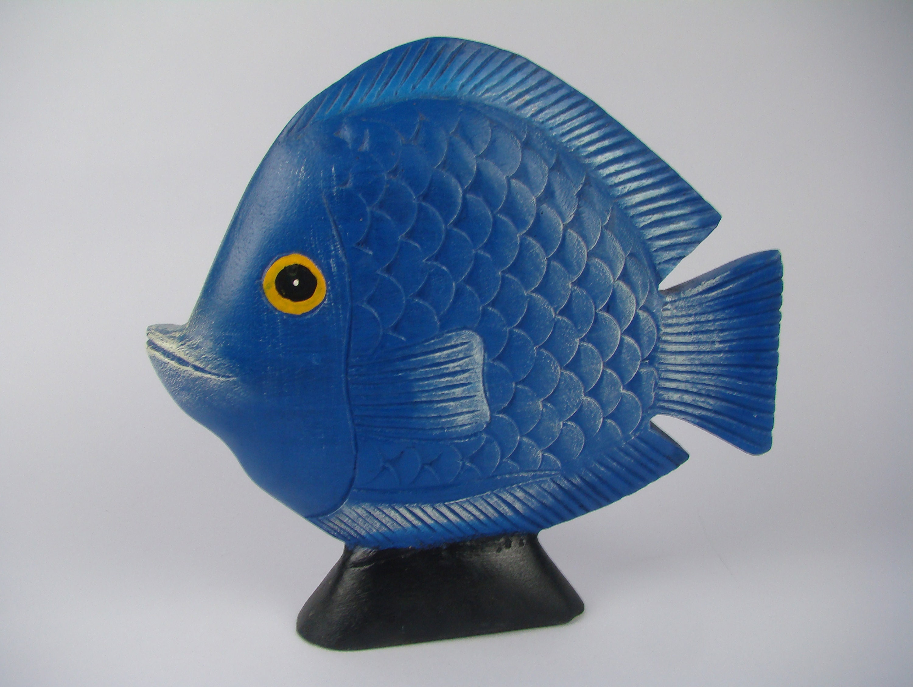 Gros Poisson Bleu en Bois Sculpté, Poisson Tropical Décoratif Bois, Discus sur Socle, Décor Maison d