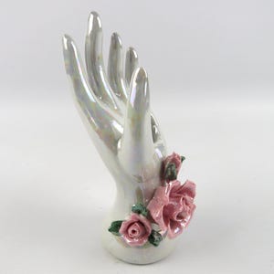 Vintage hand-shaped jewelry holder, Iridescent white ceramic hand ring holder, Hand shaped bud vase, Unique gift for women