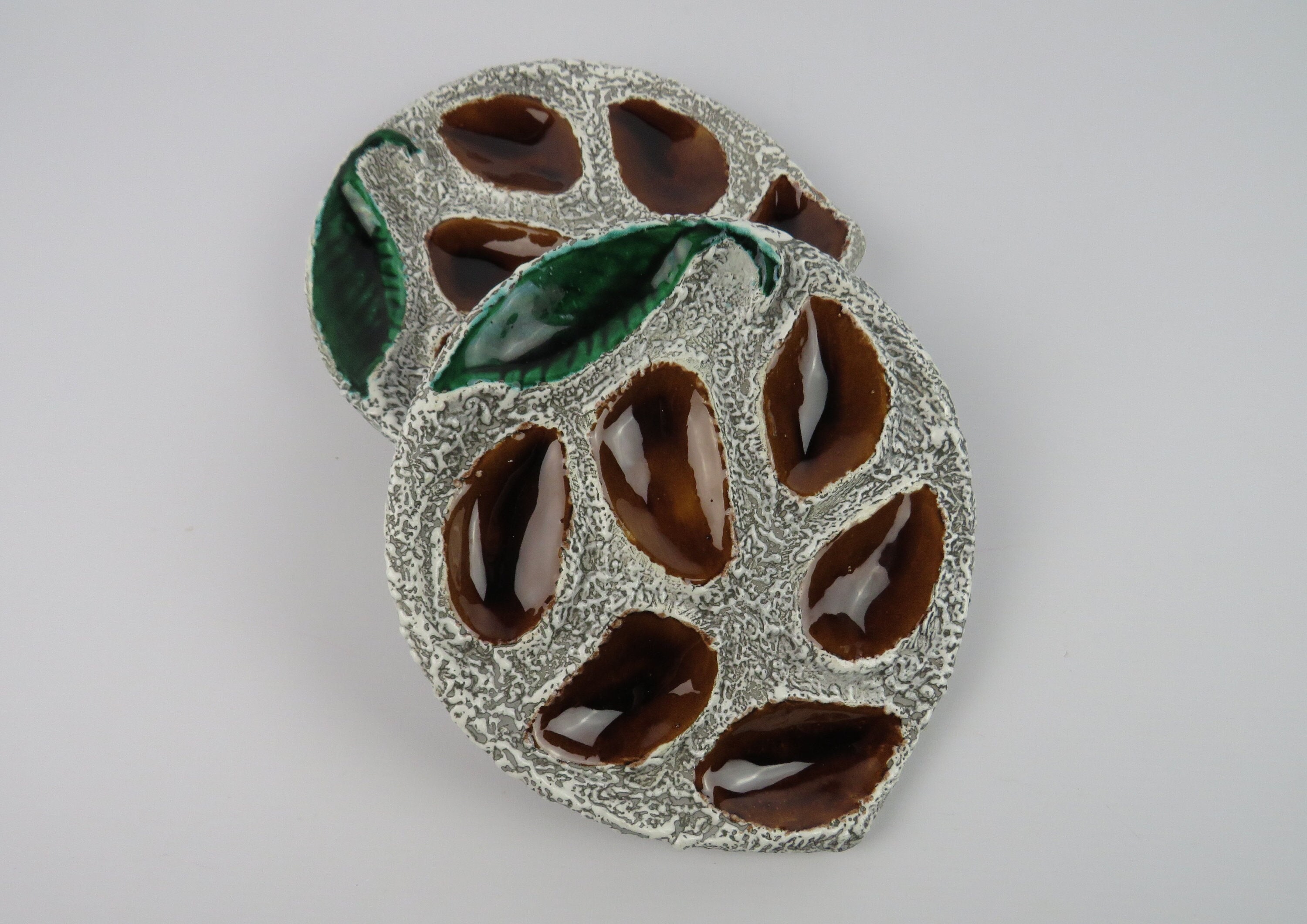 Assiettes à Huîtres Vintage Fat Lava, Deux Assiettes Fruits de Mer en Barbotine, Assiettes Coquillag