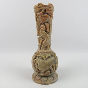 Chinese soapstone vase, Hand-carved stone bud vase, Chinese stone vase, Wildlife decor vase, Asian carved vase, Asian decor