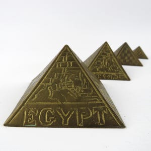 Vintage Egyptian pyramids, Golden brass pyramids set of 4, Stackable pyramid set, Ancient Egypt decor, Egyptian mythology, Hieroglyphs