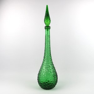 Italian genie bottle 21,45&quot;, Green glass Empoli decanter, Bubble glass tall bottle, Mid-century colored glassware, Italian design