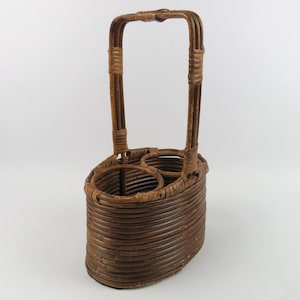 Vintage rattan bamboo wine holder, curved rattan bottle basket, 2-compartment wine caddy