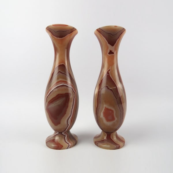 Paire de vases en onyx poli, Vases soliflore en pierre naturelle polie, Vases à fleurs en marbre, Garniture de cheminée, Lithothérapie