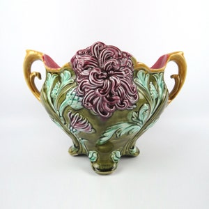 Art-nouveau Frie Onnaing planter, Antique majolica planter, Artichoke flowers design, Colorful faience planter early 1900s