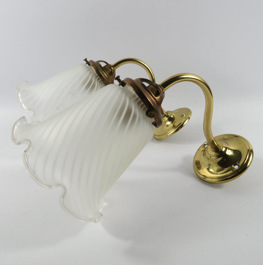 Vintage Brass and Frosted Glass Sconces Set of 2, Frilly Glass Shade ...
