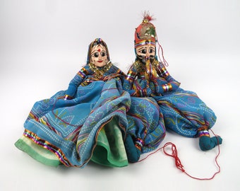 Vintage indian Rajasthani Kathputli couple of puppets, Traditional wooden string marionnettes, Hindu doll ornaments folk art, Carved wood
