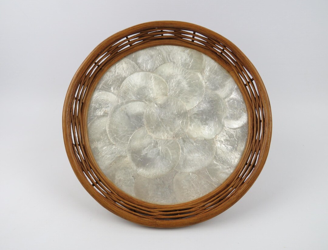 Capiz Shell and Rattan Tray, Vintage Shell Basket, Handmade Capiz Inlay ...